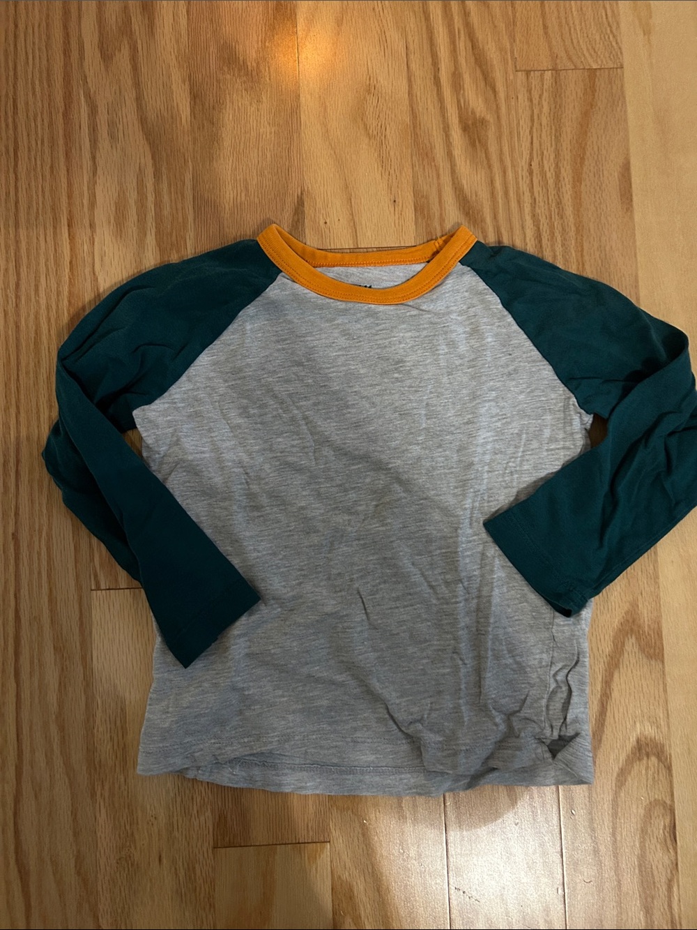 H&M Heather Gray Raglan Tee with Dark Teal Sleeves and Mustard Neck